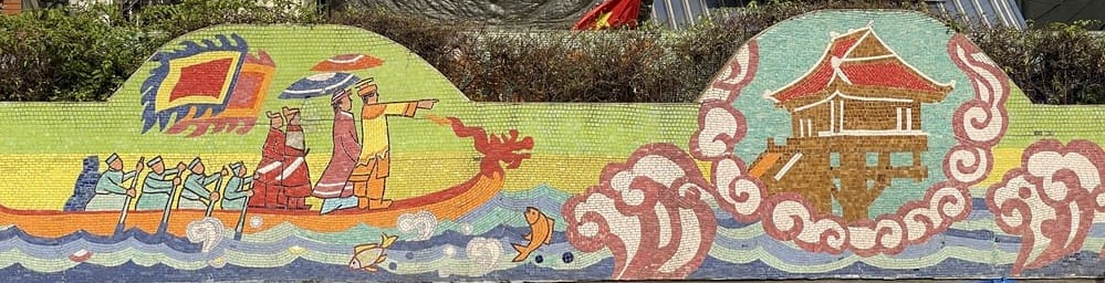 La route de la céramique, détail d'une fresque : la pagode du pilier unique et une jonque