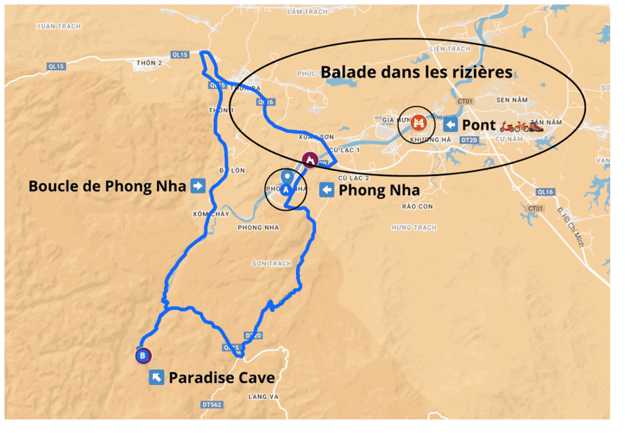 Carte de la boucle de Phong Nha et des principaux sites