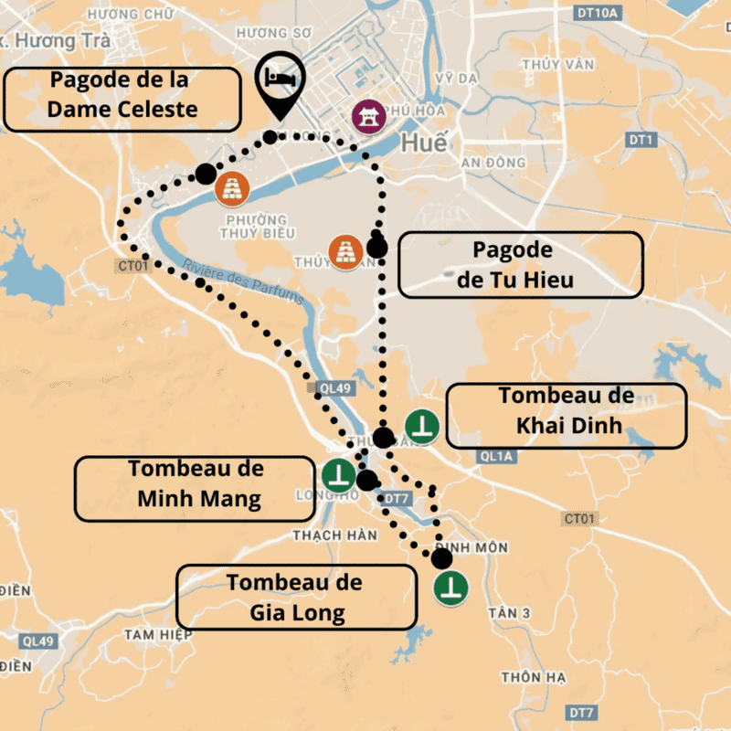 Hué : Plan du circuit des tombeaux impériaux et pagodes.png