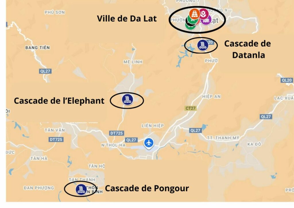 Carte des cascades aux environs de Da Lat